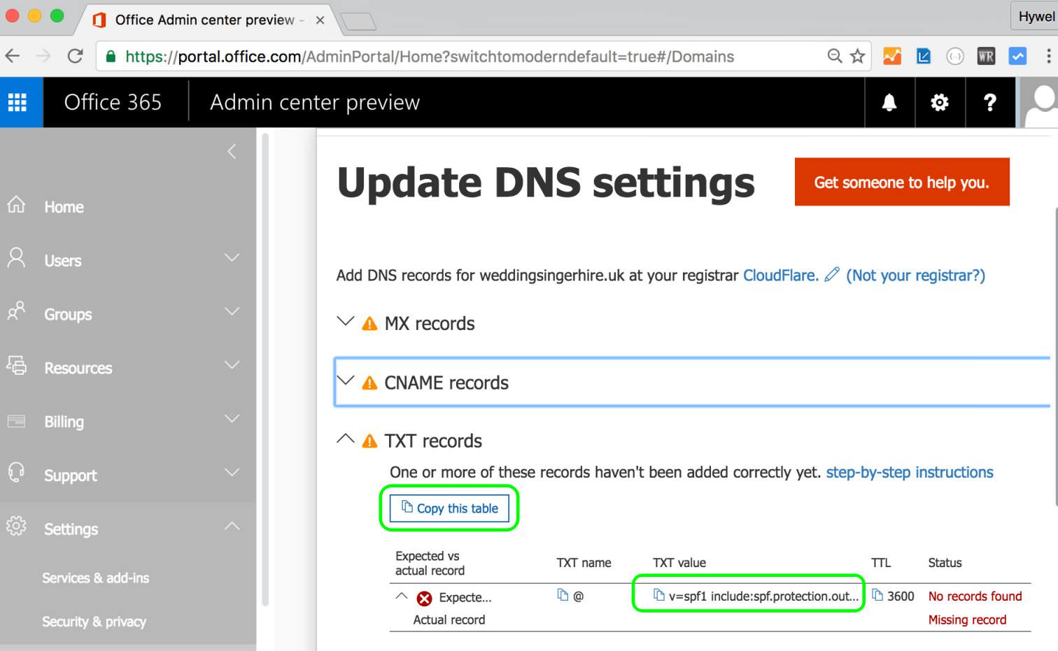 6.1 From Office 365 copy the TXT value for SPF to clipboard